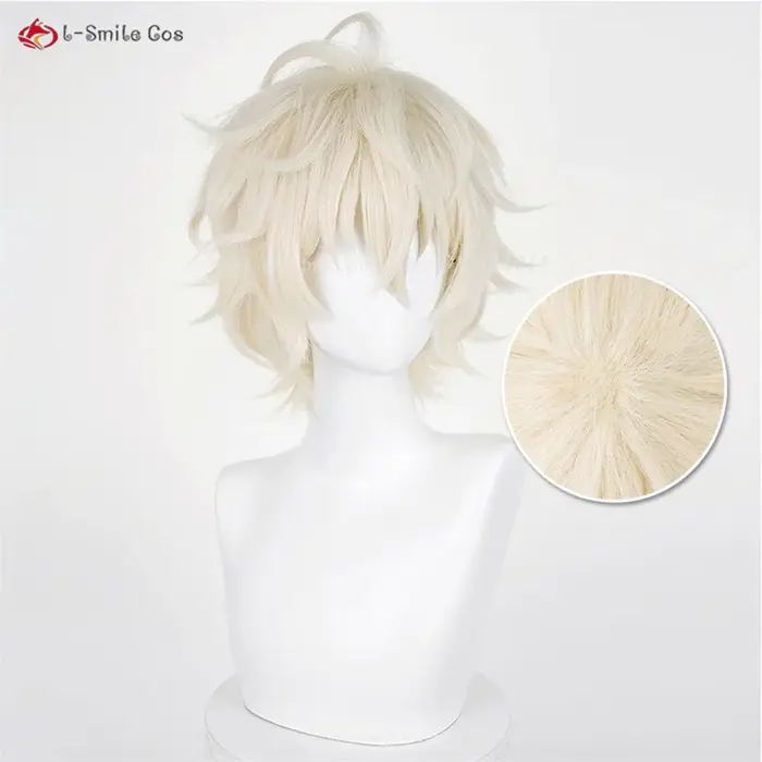 Perruque de Cosplay Synthétique Courte et Blond Clair de 30cm avec Bonnet