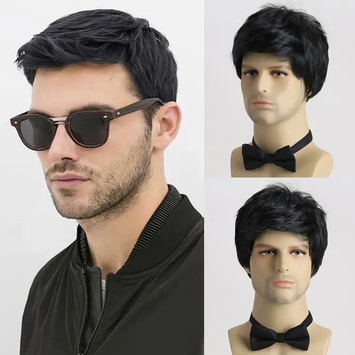 Perruques brunes pour hommes, cheveux synthétiques naturels moelleux en couches pour hommes, perruqu