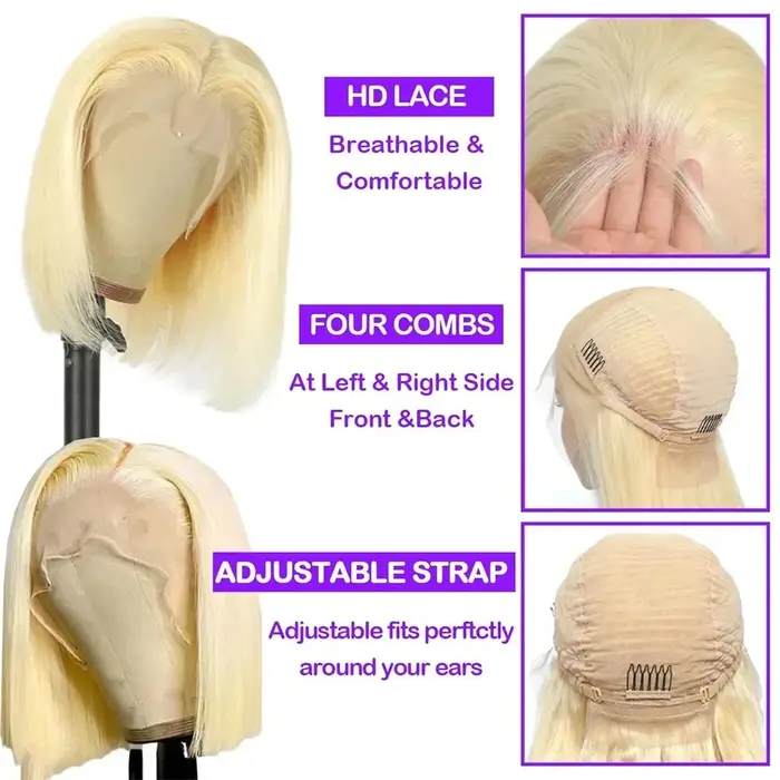 Perruques Courtes Bob Blond Miel 613 avec Dentelle Frontale 13x6, 100% Cheveux Humains, Fermeture Dr