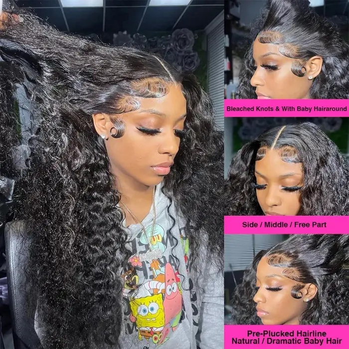Perruque Full Lace Wig 360 naturelle bouclée, cheveux humains, Deep Water Wave, 13x4, 34 32 30 pouce