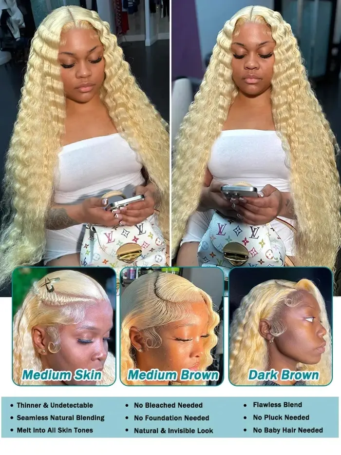 Perruque Cheveux Humains Blondes 613 Jerry Curly 46 Pouces, Ondulées Colorées, Perruque Lace HD 13x6