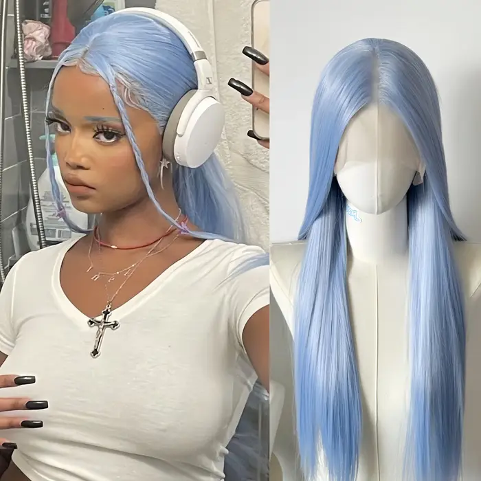 Perruque Lace Front Wig synthétique bleu bébé 26 pouces