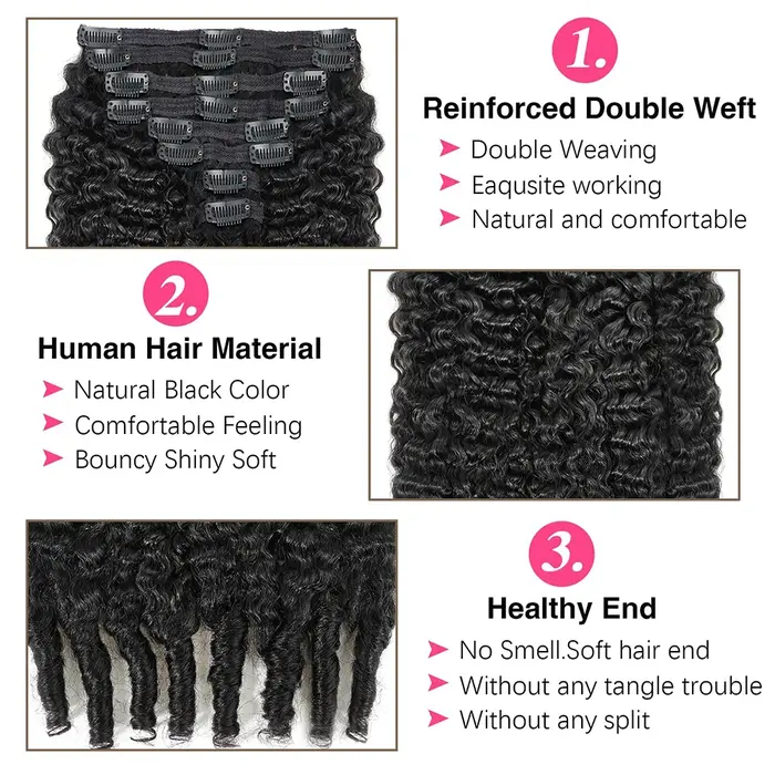 Extensions de cheveux bouclés à clipser, couleur noir naturel, pour femmes, cheveux brésiliens, pointes en spirale, 100% cheveux humains