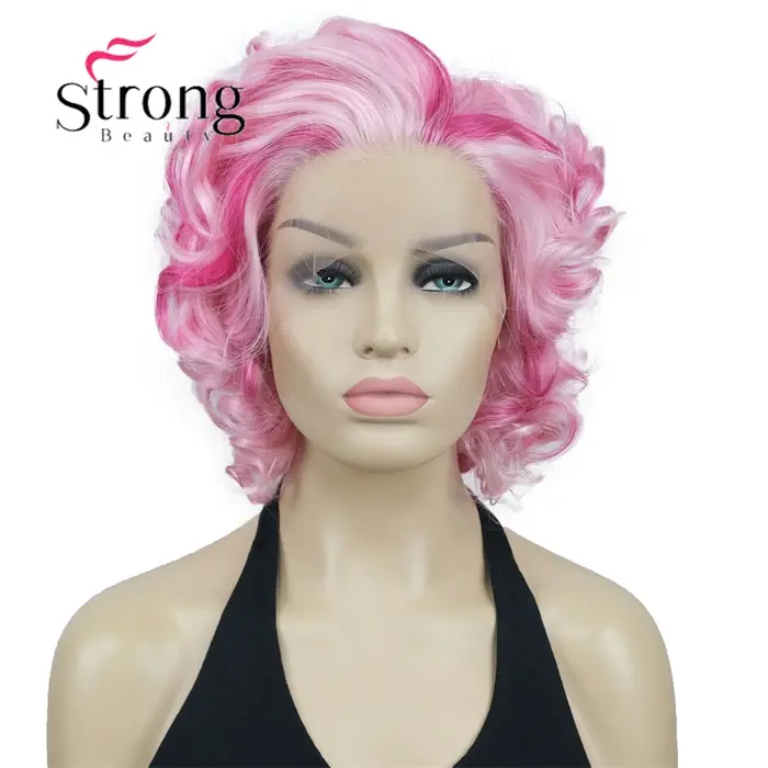 Perruque Lace Front Wig synthétique courte bouclée rose pour femme, perruque Bob, délié naturel, fib