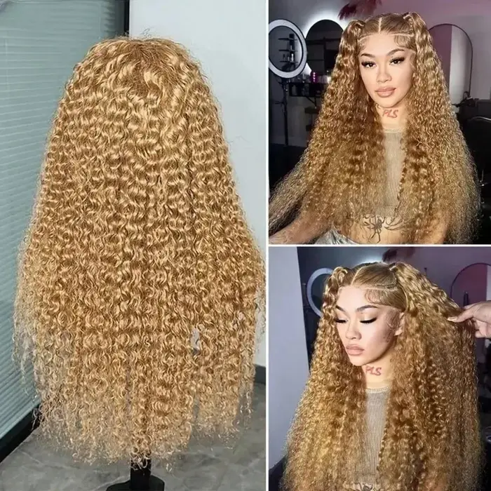# 27 couleur lâche vague profonde dentelle avant perruques cheveux humains miel blond 13x6 HD Transp