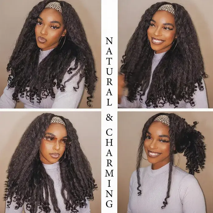 Yaki bandeau Afro bouclés perruques synthétiques crépus droites avec extrémités bouclées sans colle sans laisser Clip