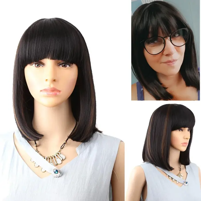 Amir-Perruques Synthétiques Bob avec Frange pour Femme, Cheveux Raides Noirs, Cheveux de Longueur Mo