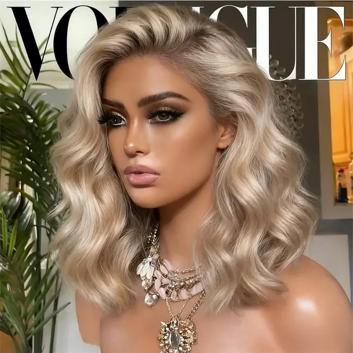 Perruque synthétique Lace Front courte ondulée, blond platine ombré avec racines brunes, fibre premi