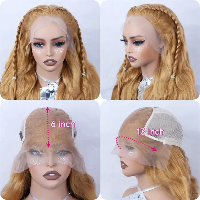 # Perruques Lace Front en Cheveux Humains Couleur Blond Miel 27, Pré-épilées, Perruque Frontale HD T
