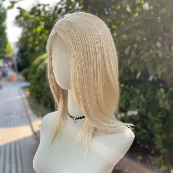 Perruque Lace Front Wig synthétique sans colle, blond clair, longueur d'épaule, 13x4, avec raie cent