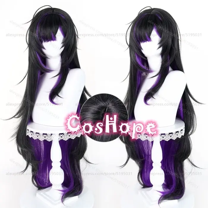 Perruque de cosplay Nikke Label, 100 cm de long, noire et violette mélangée, perruque synthétique résistante à la chaleur pour Halloween, carnaval, fête