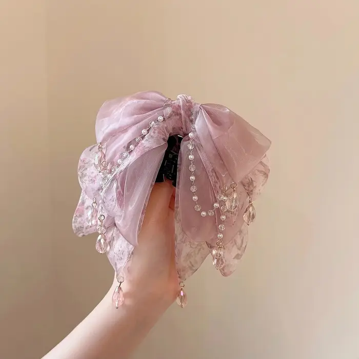 Pince à cheveux avec pompon en cristal bordeaux – Design floral aquarelle avec grand nœud