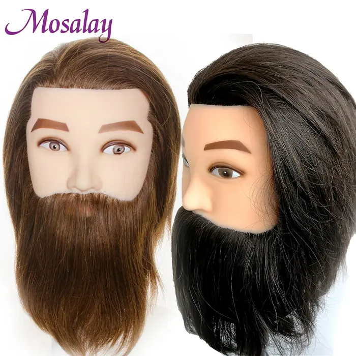 100% mâle réel cheveux humains Mannequin pratique formation tête avec barbe pour couper coiffure