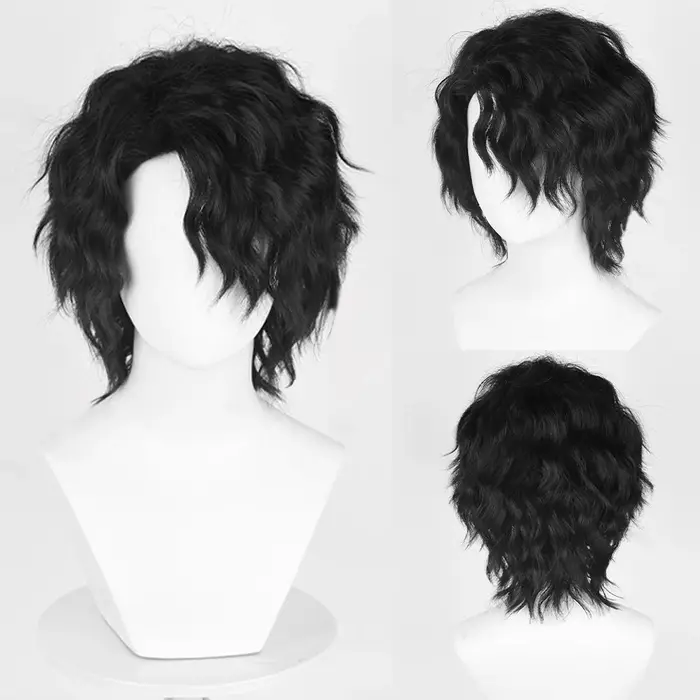 Perruque synthétique courte ondulée noire bouclée pour hommes