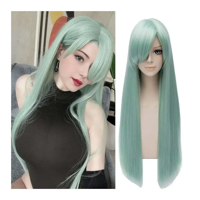 Perruque de cosplay verte avec frange pour femme, cheveux raides, menthe, anime, fête d'Halloween