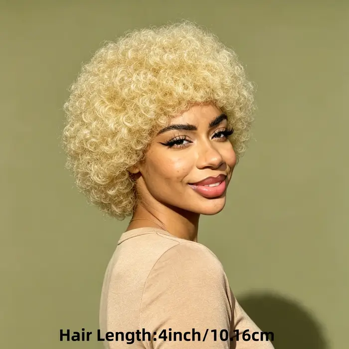 Perruque courte bouclée afro blond miel, volumineuse, style pixie crépu avec frange, bonnet ajustable, entièrement fabriquée à la machine, coupe afro moelleuse