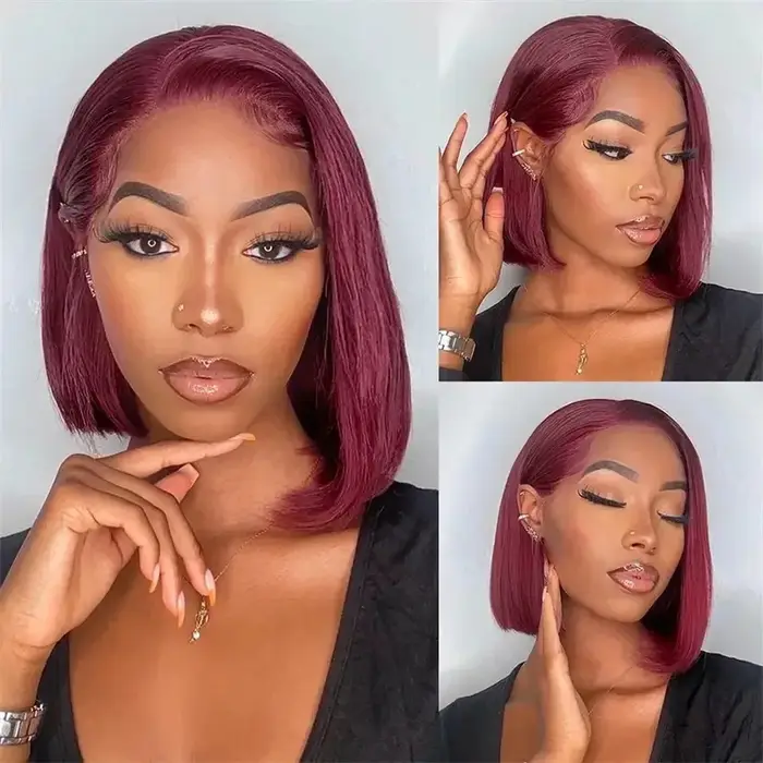Perruque courte bob coupe droite ultra-lisse couleur rouge bordeaux 99J 13X4X1 avec dentelle frontale complète pour