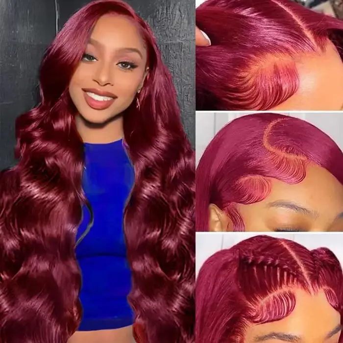 Perruque Lace Front Wig Body Wave naturelle Remy, cheveux humains, couleur bordeaux, 13x4, HD, 99J,