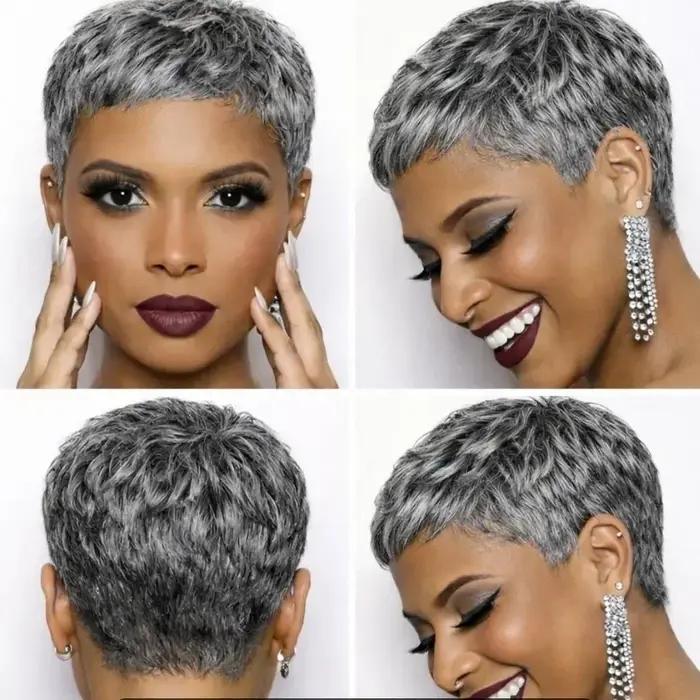 Perruque courte grise style pixie, cheveux synthétiques duveteux pour femmes noires et blanches, usa
