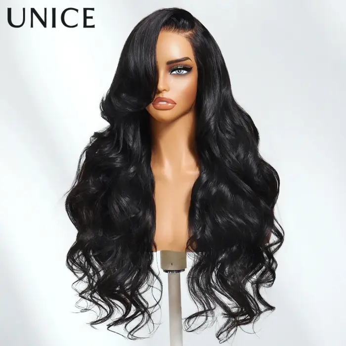 UNice 13x4 Pré-tout ™   Perruques de cheveux humains à vague lâche avec frange et cordon de serrage 