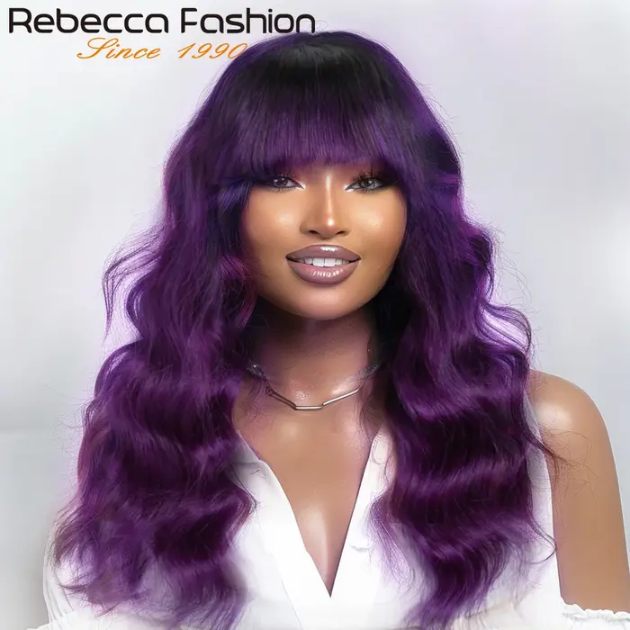 22 "T1B/violet corps vague perruques de cheveux humains avec frange frange mettre et aller brésilien