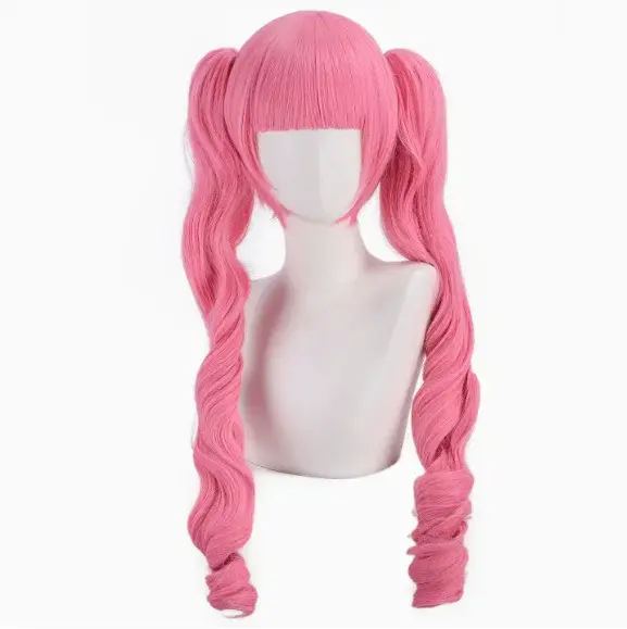 Perruque de cosplay Princesse Perona : queue de cheval rose à double boucles, fibre synthétique, rés