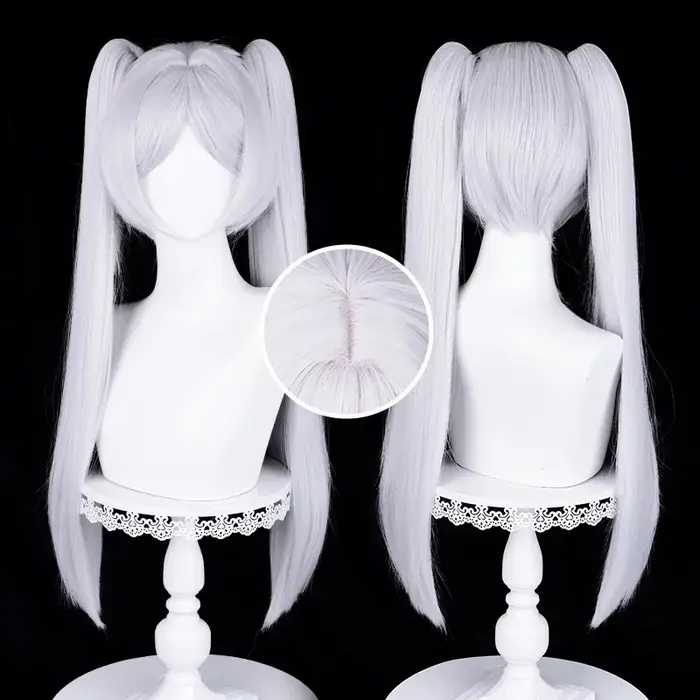Anime Frieren Cosplay perruque argent blanc deux queues de cheval résistant à la chaleur perruques de cheveux synthétiques