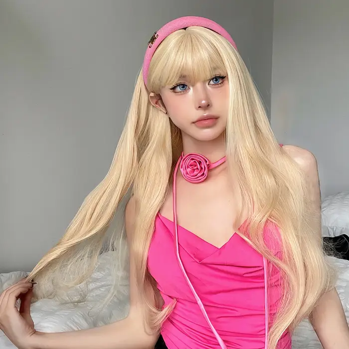 Perruques synthétiques ondulées blondes longues avec frange