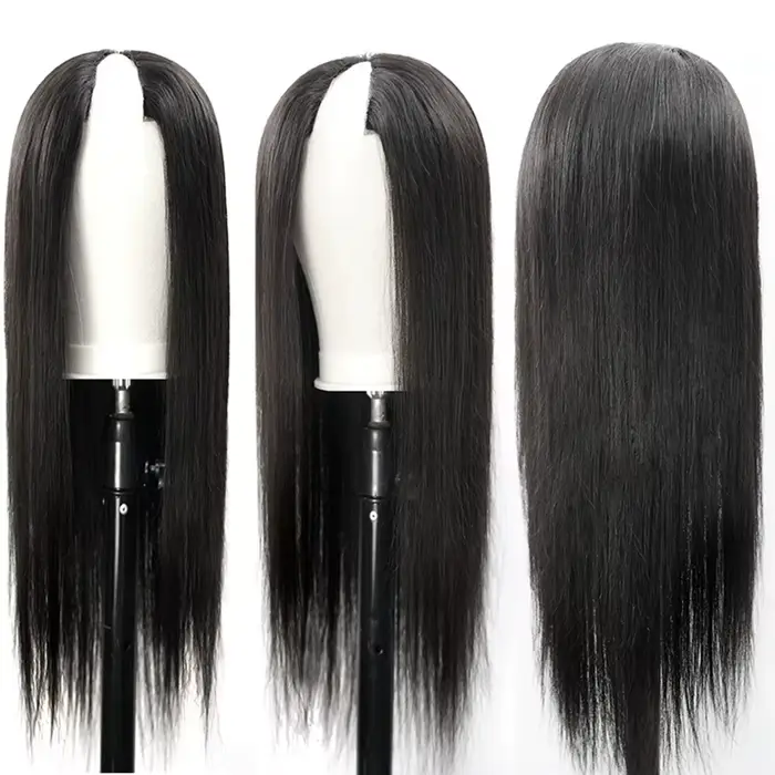 Perruque brésilienne sans colle à clipser, cheveux humains raides, densité 220, coupe en V, 16-36 po