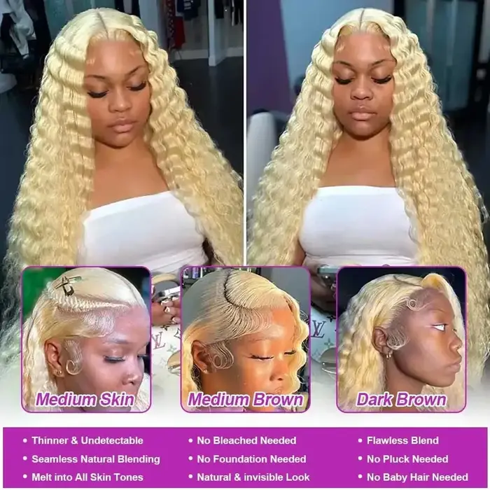 34 40 pouces miel blond 613 HD dentelle frontale perruque 13x6 bouclés perruques pré-plumées lâche v