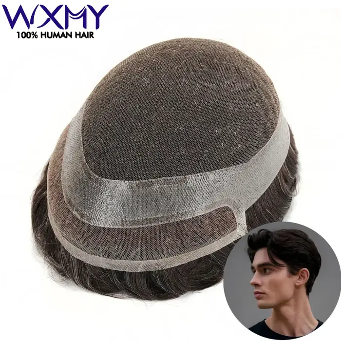 Hollywood toupet homme perruque mâle cheveux prothèse respirant dentelle suisse et PU naturel