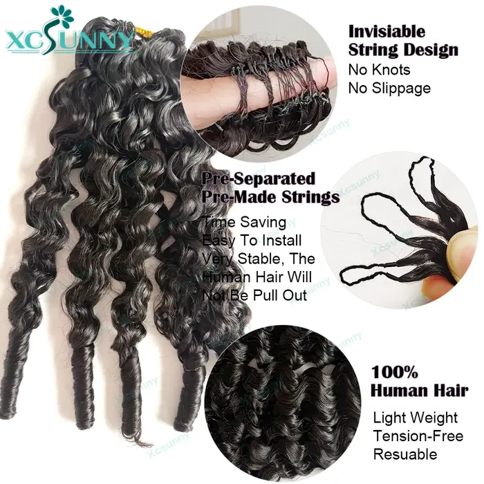 Extensions de cheveux humains au Crochet de plumes vague d'eau bouclée sans noeuds pré-séparés plume