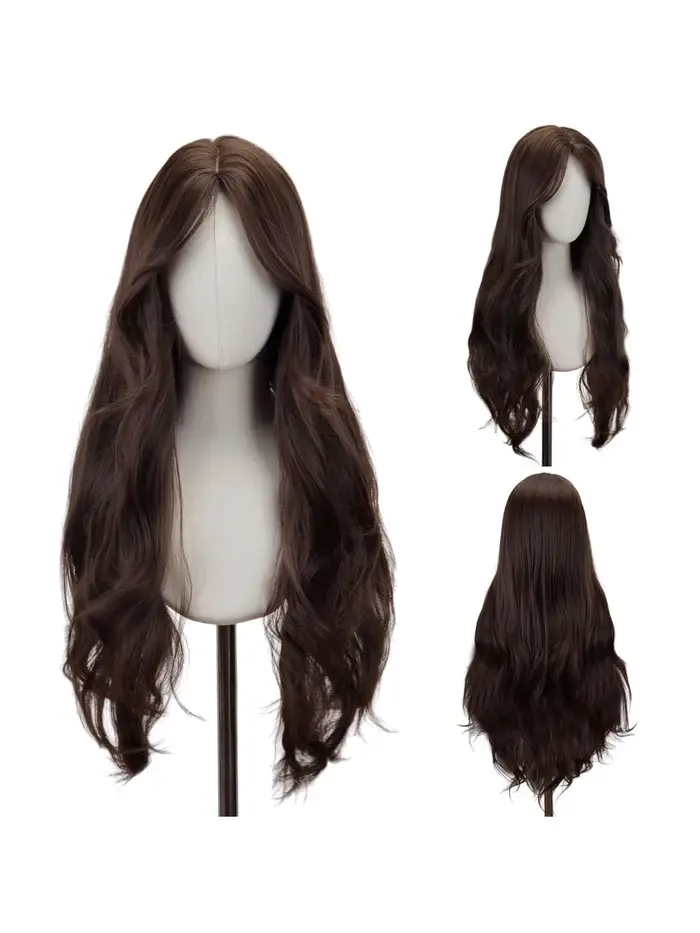 Perruque synthétique avec raie centrale sans frange, brun foncé, usage quotidien, cheveux naturels, 