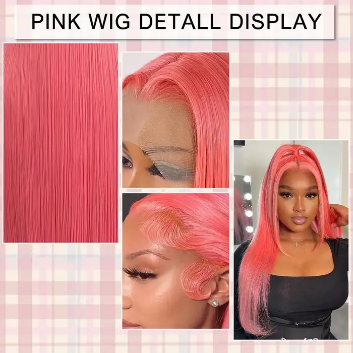 Perruque Lace Front Wig naturelle lisse rose 13x6 Hd, cheveux humains, 30 pouces, pre-plucked, densi