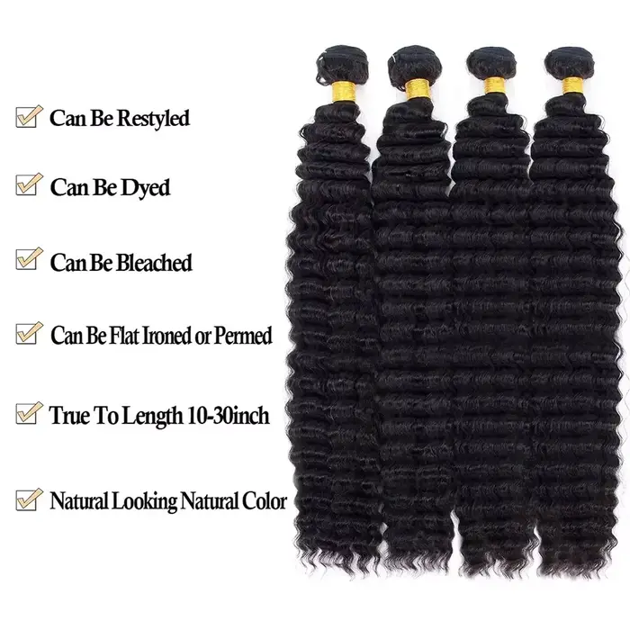 Extensions de cheveux brésiliens Remy, ondulés profonds, couleur naturelle, 38-40 pouces, non traité