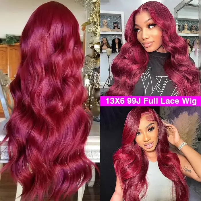 Perruque Lace Frontal Wig naturelle brésilienne, cheveux humains, Body Wave, bordeaux, 13x6, Hd, den