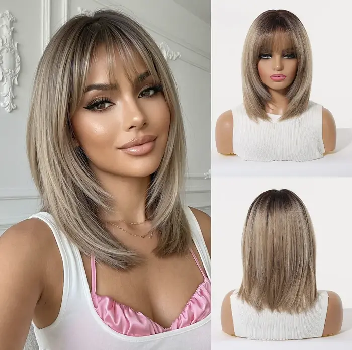 Perruque Bob dégradé blond platine de 12 pouces avec frange