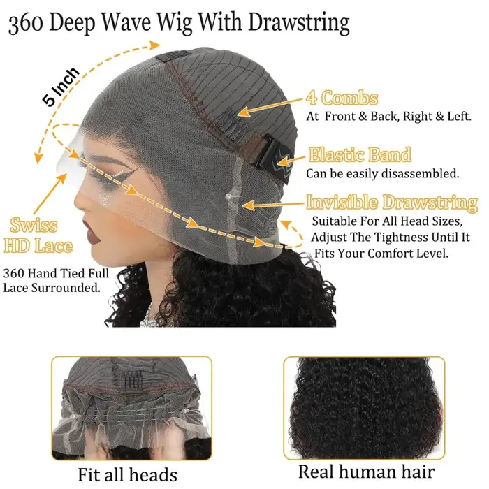 Perruque Lace Front Wig 360 naturelle bouclée, cheveux humains, pre-plucked, Hd, Deep Wave, avec cor