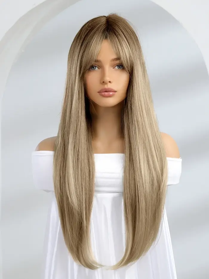 Perruque longue blonde et brune ombrée avec frange