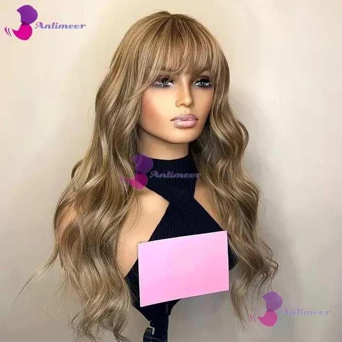 Perruques en cheveux humains blond miel avec frange, ondulées, sans colle, 13x6/360, avec nœuds blan
