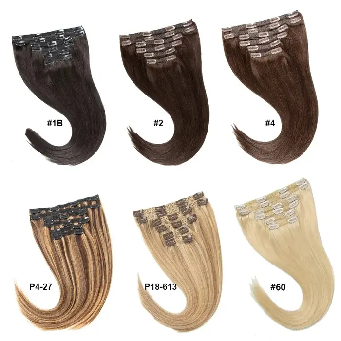 Extensions de Cheveux Humains à réinitialisation Brun Foncé, Grand Volume Sans Couture, Tête Complèt