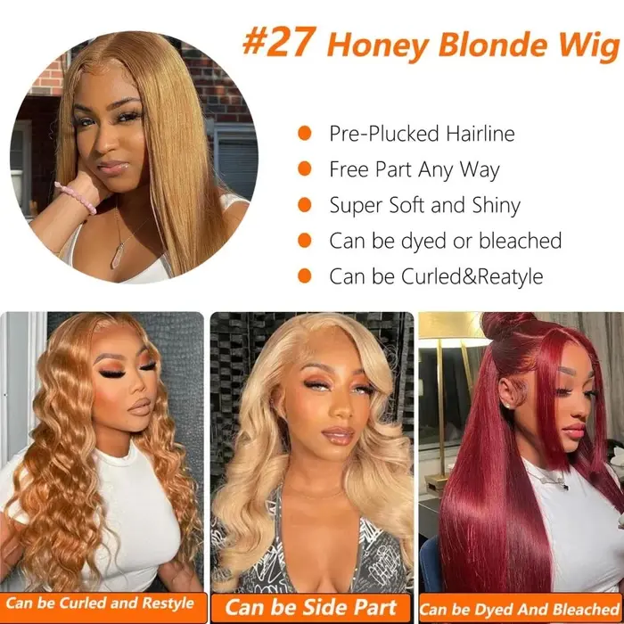 # Perruque Lace Frontal Wig naturelle lisse, blond miel 27, 13x6, pre-plucked, 13x4, 30, 34 pouces, 