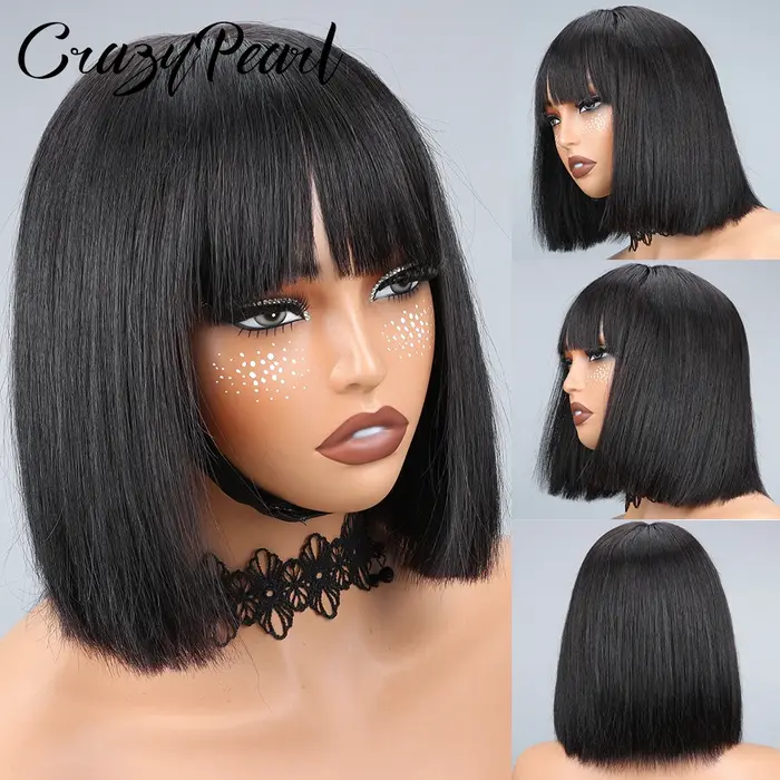 Perruque Lace Front CrazyPearl 1X13, perruque courte droite style bob, cheveux humains, pour femmes 