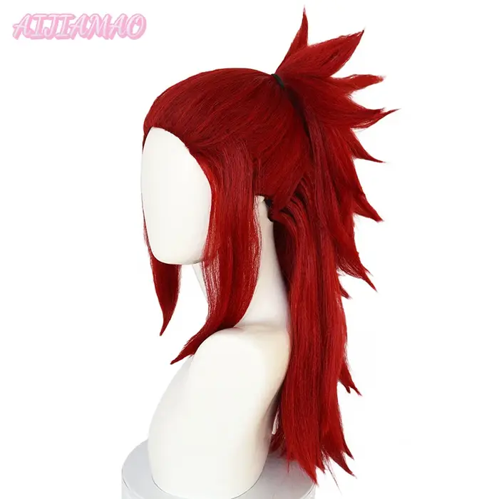 Perruque Cosplay Synthétique Longue Rouge Foncé avec Queue de Cheval