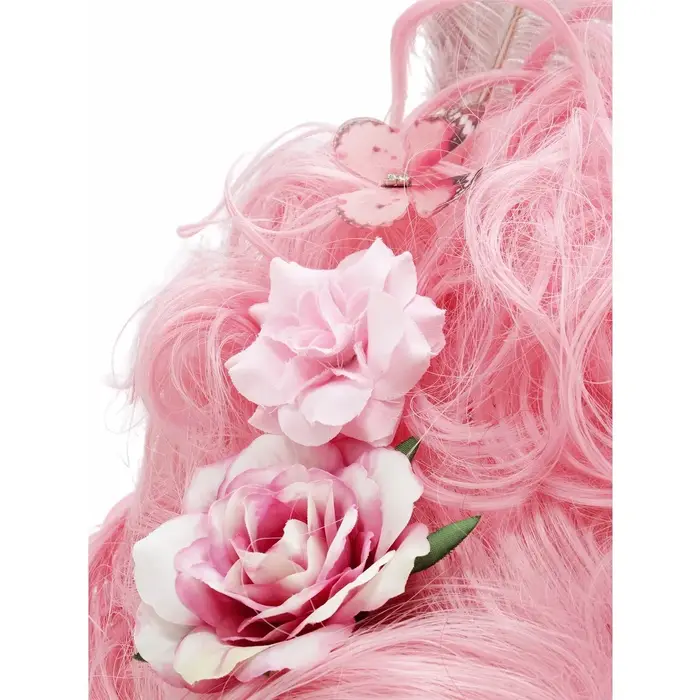 Perruque synthétique rose moelleuse de haute qualité | Coiffure de la reine avec des fleurs de plumes