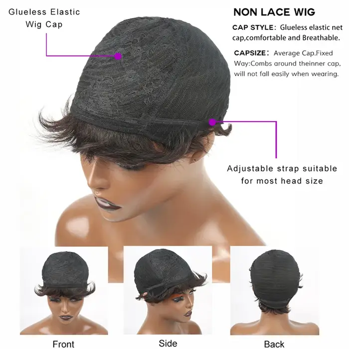 Perruque courte coupe pixie en cheveux humains pour femmes, perruques fabriquées à la machine avec f