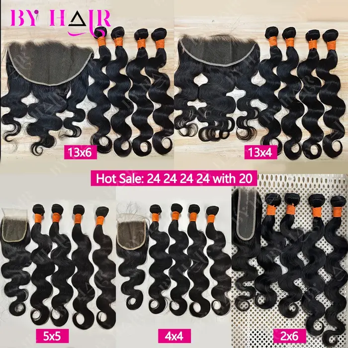 Extensions de cheveux brésiliens Body Wave avec closure 2x6, 4x4, 5x5 et frontales 13x4, 13x6 – 100%