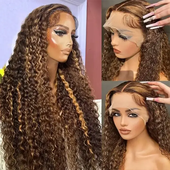 P4/27 mettre en évidence perruque cheveux humains 250% 300% 13X6 vague profonde bouclés miel blond dentelle frontale