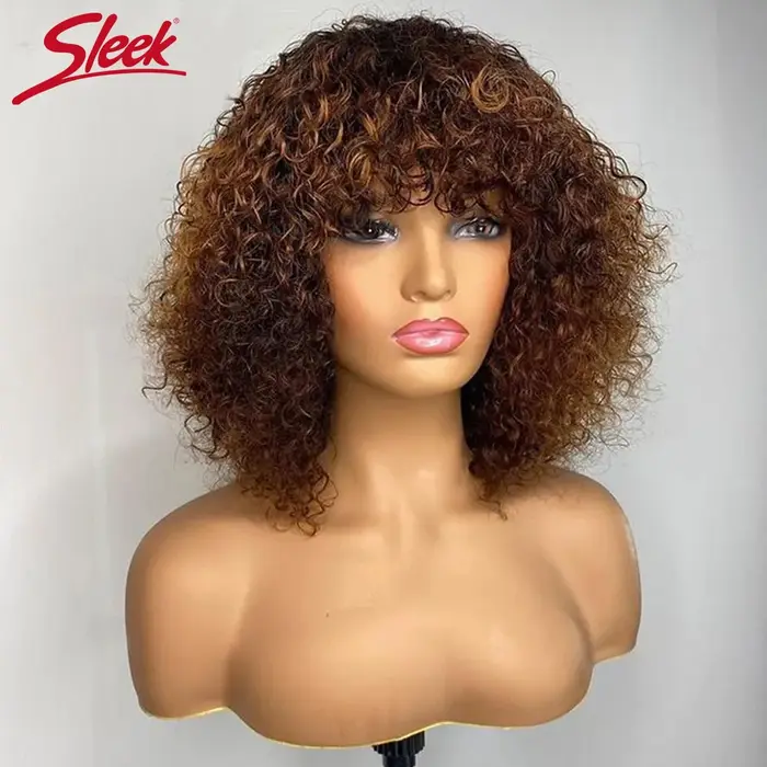 Perruques péruviennes courtes Pixie Bob coupe cheveux humains avec frange Jerry bouclés sans dentelle avant perruque