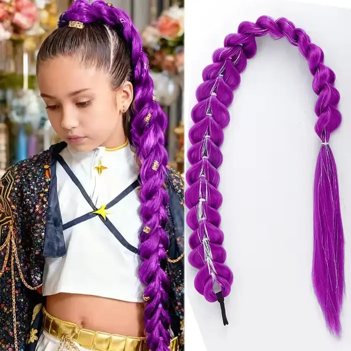 Queue de cheval synthétique tressée violette de 32 pouces avec paillettes